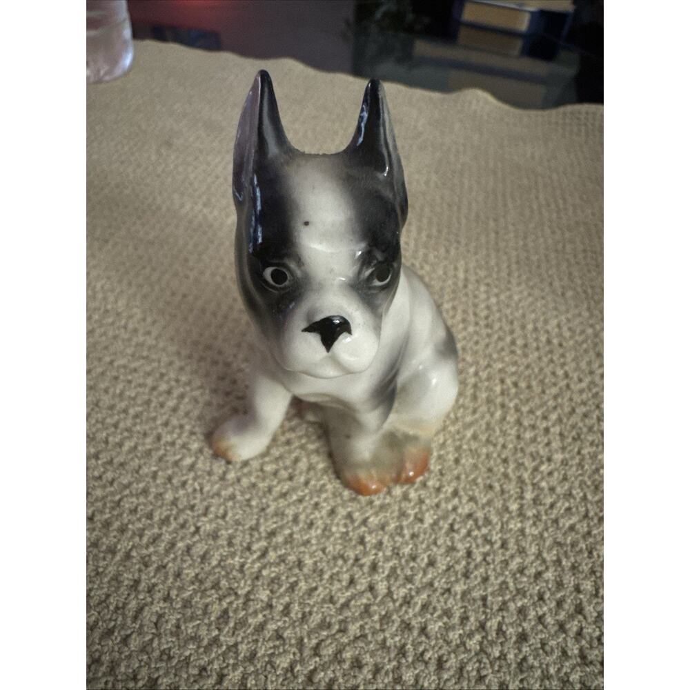 Vintage Boston Terrier Bulldog Ceramic Figurine Dog White Black